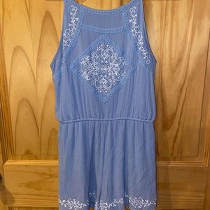 light blue Francesca’s romper with white embroidery
